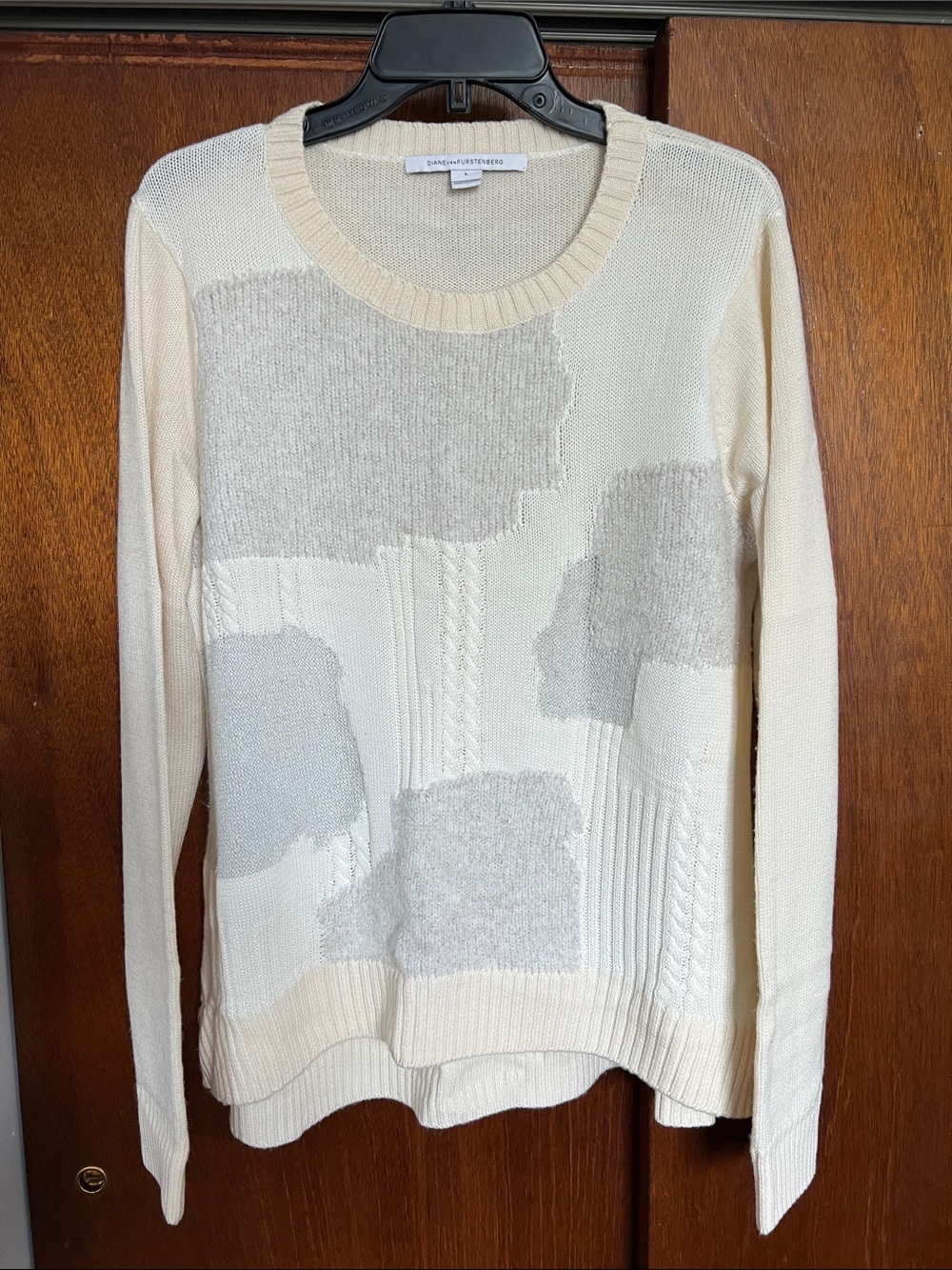 Diane von Furstenberg DVF Patchwork Cable Knit Wool BlendSweater Cream Grey SZ L